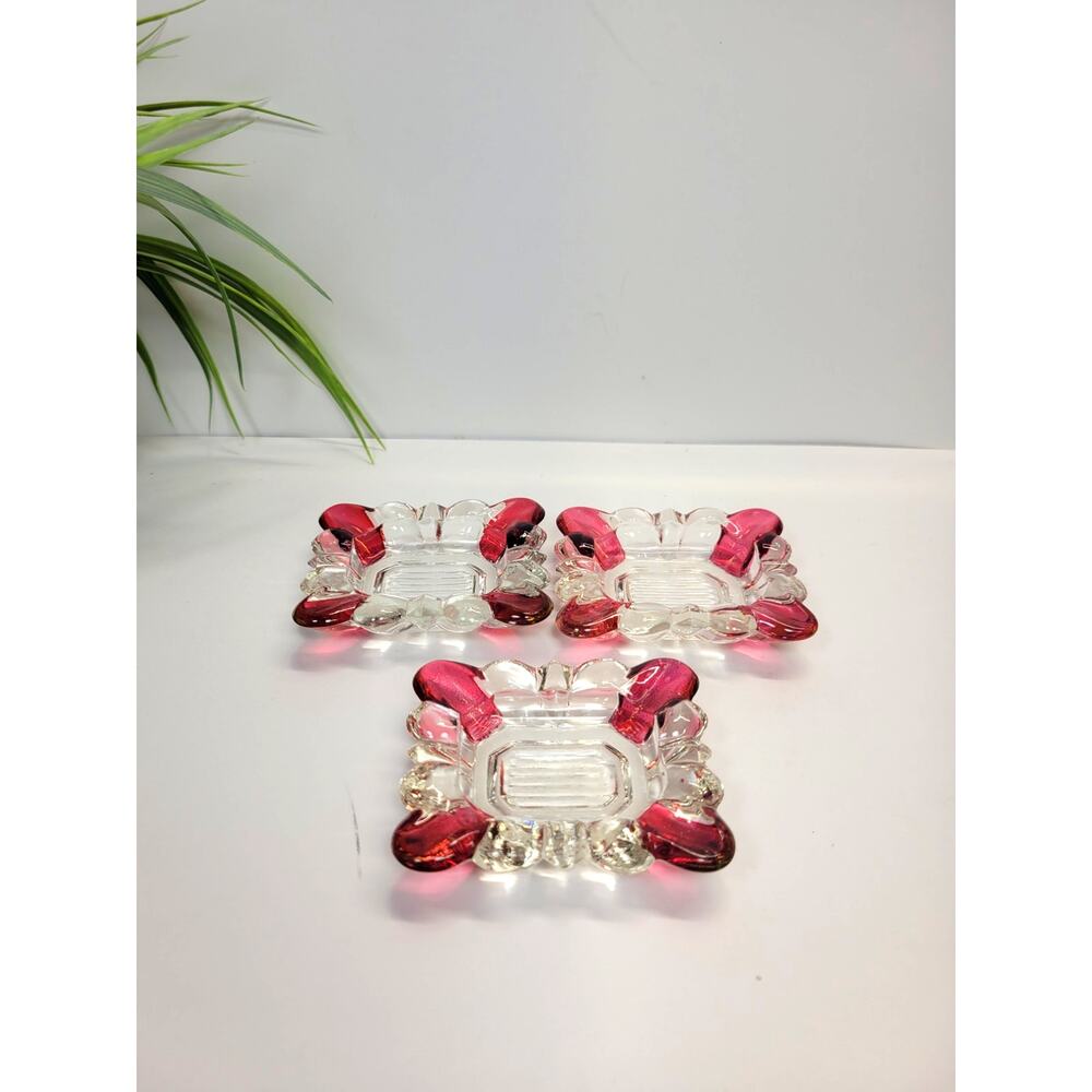 Vintage Westmoreland Glass Ruby Red Flash Clear Square Ashtray Trinket Dish Set